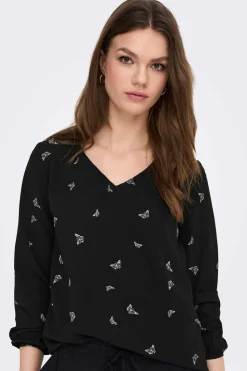 Only Camisas E Blusas-Blusa De Manga Comprida Estampada E Gola Redonda