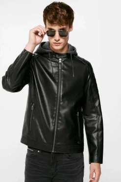 Springfield Blusao Motard Efeito Pele Capuz Preto Hot