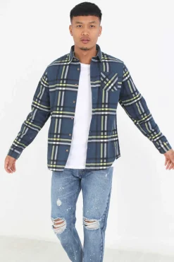 Brave Soul Camisa Aos Quadrados Com Bolso Marinho Discount