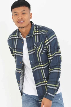 Brave Soul Camisa Aos Quadrados Com Bolso Marinho Discount