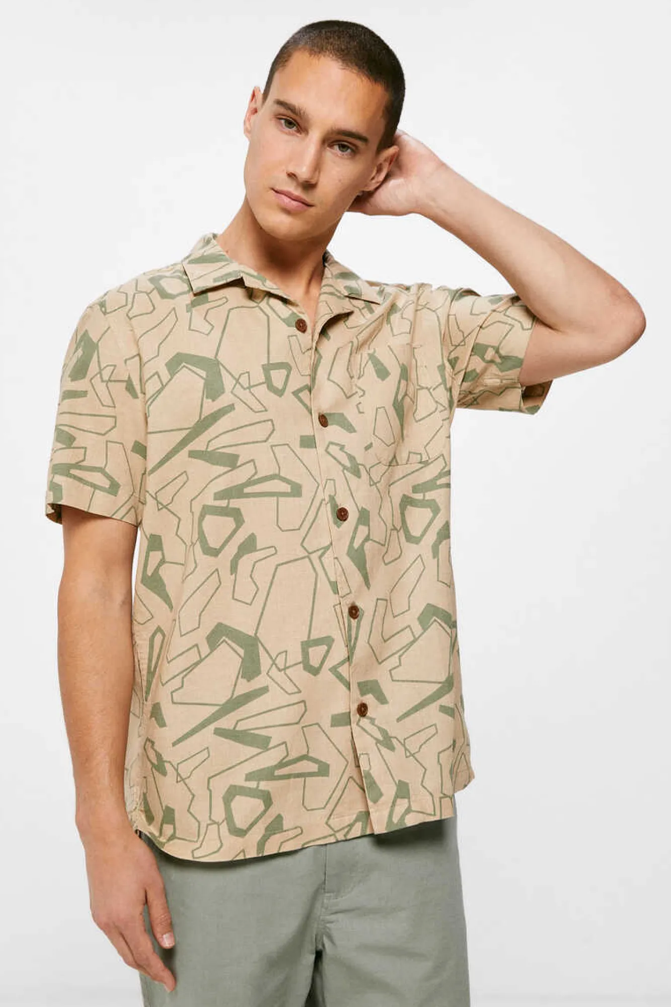 Springfield Camisa De Linho Estampada Camel Clearance