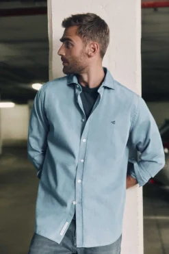 Ooto Camisa Slim Denim Manga Comprida Azul