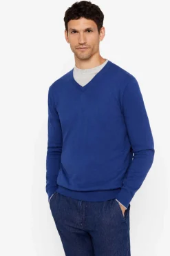 Cortefiel Camisola Algodao Caxemira Gola Em Bico Azul Discount