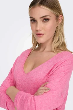 Only Sueteres E Cardigans-Camisola De Mulher Com Gola Em Bico E Manga Comprida.