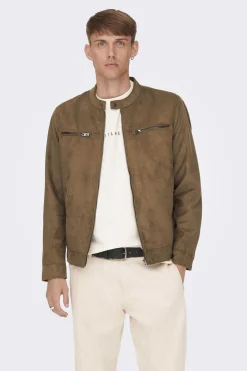 Only & Sons Casaco Biker Efeito Camurca Castanho Clearance