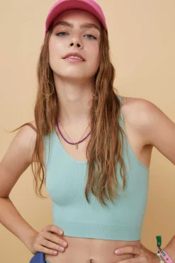 HI&BYE T-Shirts E Tops-Crop Top Decote V Sem Costuras Azul-Escuro