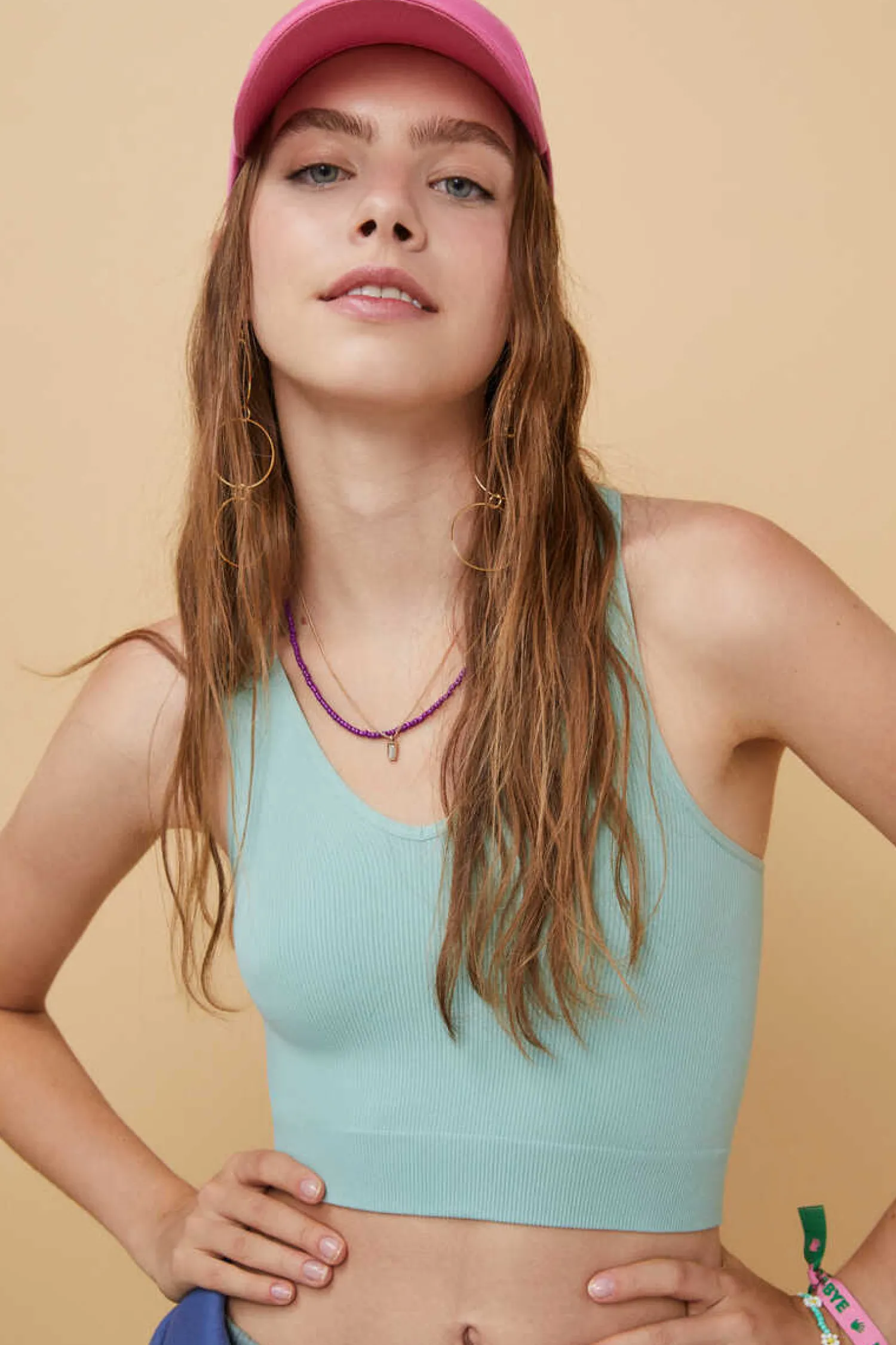 HI&BYE T-Shirts E Tops-Crop Top Decote V Sem Costuras Azul-Escuro