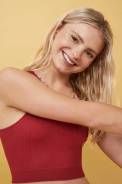 HI&BYE T-Shirts E Tops-Crop Top Decote V Sem Costuras Bordo