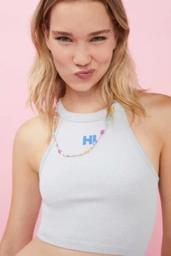 HI&BYE T-Shirts E Tops-Crop Top Halter Sem Costuras Antracite