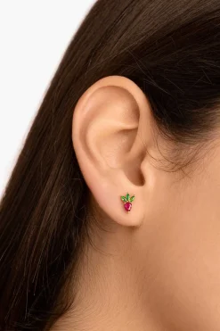 Singularu Bijuteria-Pendiente Suelto Tropical Strawberry Plata Bano Oro