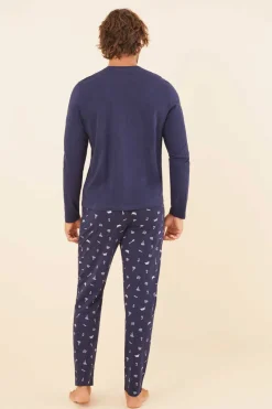 Women'secret Pijama Comprido De Homem 100% Algodao Pesca Azul New