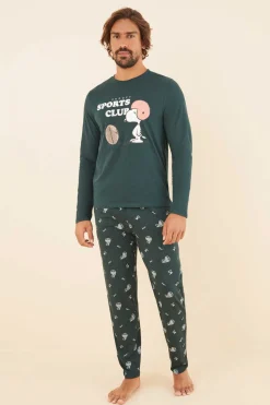 Women'secret Pijama Comprido De Homem 100% Algodao Snoopy Verde Clearance