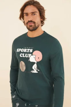 Women'secret Pijama Comprido De Homem 100% Algodao Snoopy Verde Clearance