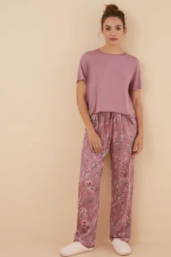 Women'secret Pijamas-Pijama Manga Curta Calcas Compridas Flores Viscose Cetim