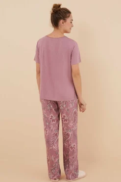 Women'secret Pijamas-Pijama Manga Curta Calcas Compridas Flores Viscose Cetim
