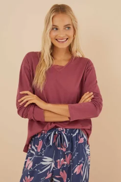 Women'secret Pijamas-T-Shirt 100% Algodao Em Grena Com Renda