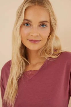 Women'secret Pijamas-T-Shirt 100% Algodao Em Grena Com Renda