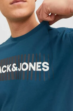 Jack & Jones T-Shirt De Manga Curta De Algodao Organico Print Logo Azul Discount