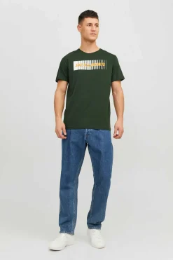 Jack & Jones T-Shirt De Manga Curta De Algodao Organico Print Logo Verde Discount