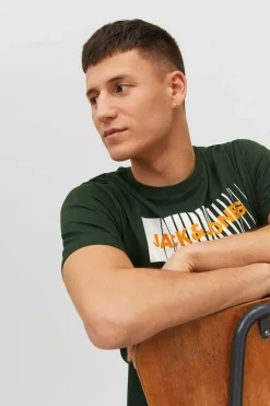 Jack & Jones T-Shirt De Manga Curta De Algodao Organico Print Logo Verde Discount