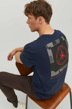 Jack & Jones T-Shirt De Manga Curta De Pescoco De Tripulacao Com Impressao Nas Costas. Marinho Hot