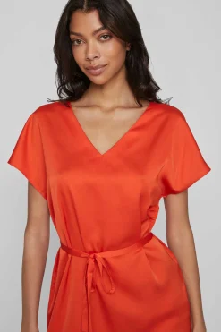 Vila Vestidos E Macacoes-Vestido Midi Acetinado De Manga Curta