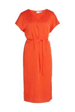 Vila Vestidos E Macacoes-Vestido Midi Acetinado De Manga Curta